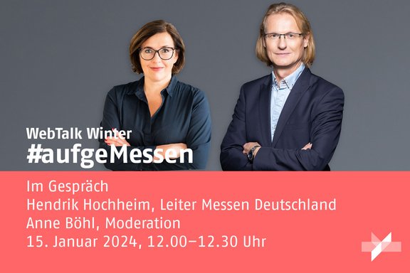 Fyler zum WebTalk Winter 2024: Bilder von Anne Böhl und Hendrik Hochheim im Gespräch über Messen in Deutschland.